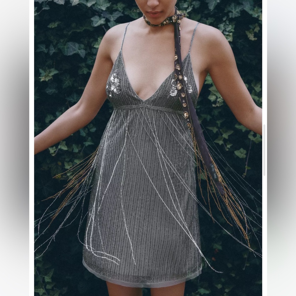 Zara NWT short fringed beaded dress silver 7521/940